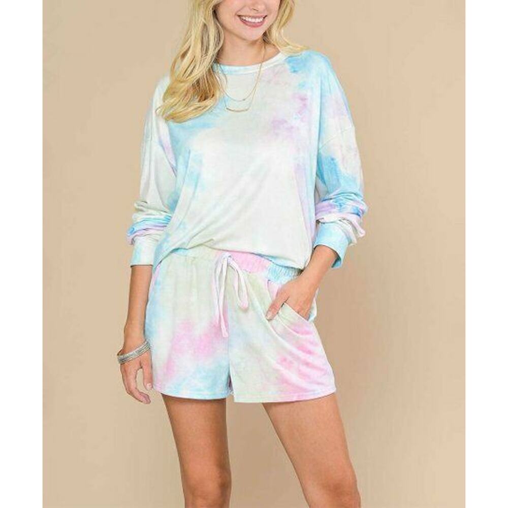 Adele B. Pastel Tie-Dye Long-Sleeve Tee & High Waist Drawstring Shorts Small NEW